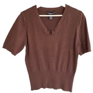 MONTEREY BAY Short Sleeve V-Neck Sweater Silk Blend Brown Women's Size M